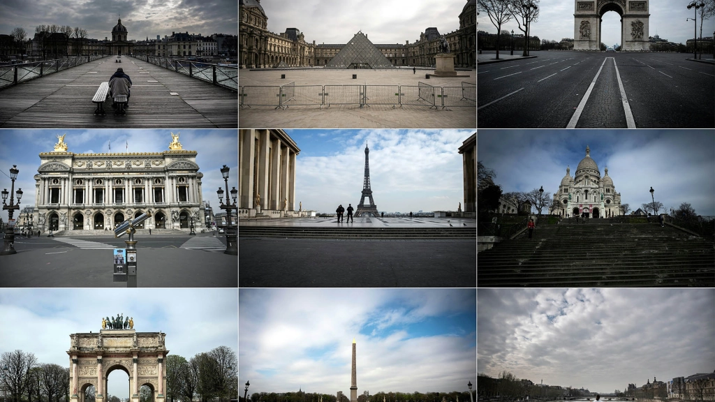 COMBO-FRANCE-HEALTH-VIRUS, (COMBO) This combination of pictures created on March 18, 2020 shows deserted Paris landmarks after a strict lockdown came into effect to stop the spreading of the COVID-19 in the country (from topL) a man waiting on a bench of the Pont Des Arts on March 
