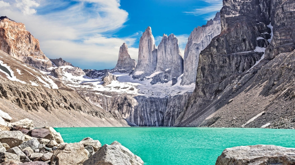 Three-Towers-and-glacial-lake-at-Torres-del-Paine-National-Park, 