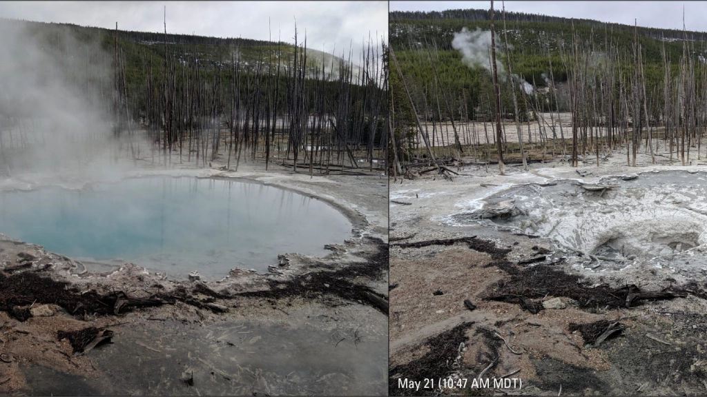  / Drenaje de la piscina natural Cistern Spring durante las grandes erupciones del Steamboat Geyser. Foto: USGS.
