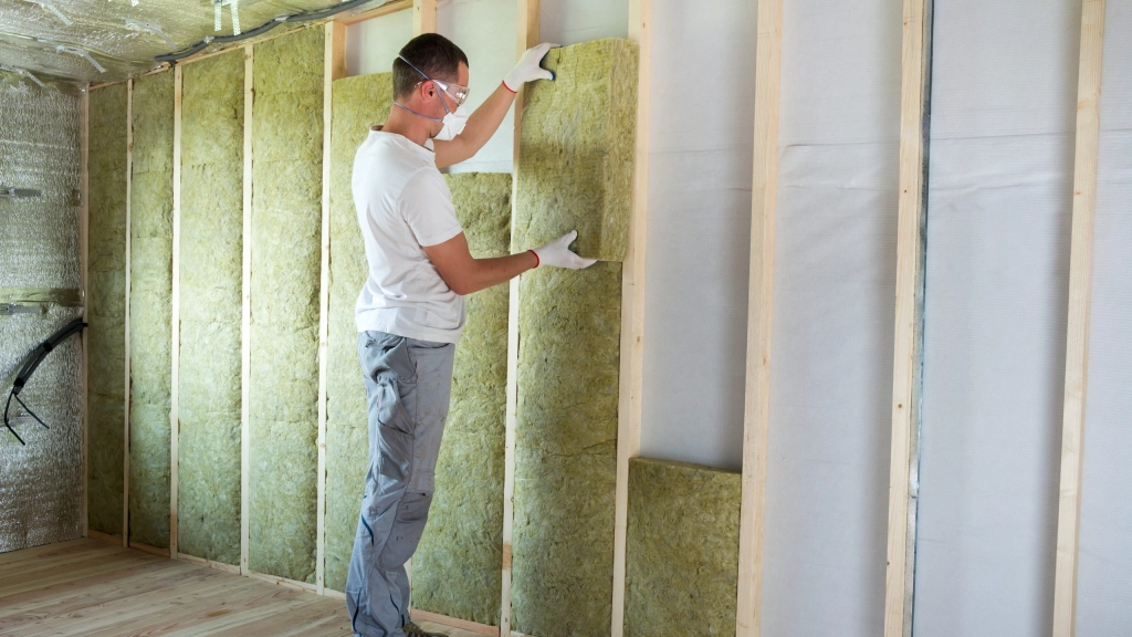 Worker,In,Protective,Goggles,And,Respirator,Insulating,Rock,Wool,Insulation, Worker in protective goggles and respirator insulating rock wool insulation in wooden frame for future house walls for cold barrier. Comfortable warm home, economy, construction and renovation concept