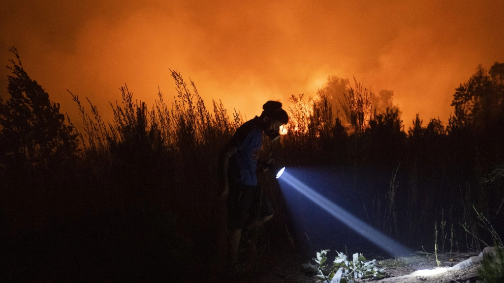 Veinte incendios forestales siguen en combate en la zona centro sur de Chile, Fotografía de archivo, tomada el pasado 7 de febrero, en la que se registró a residentes del sector Rafael al trabajar junto a los bomberos para combatir los incendios forestales en la zona, en Tomé (región de Bío Bío, Chile). EFE/Adriana Thomasa