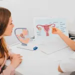 endometriosis-1, gynecologist communicates with her patient, pointing to the structure of the uterus, on her comput er.