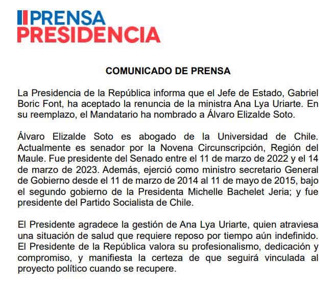 Tras renuncia de la ministra de Segpres Ana Lya Uriarte asume el senador Álvaro Elizalde / Presidencia