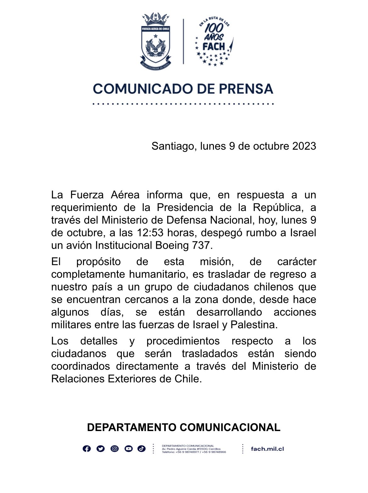 Comunicado vuelo humanitario FACh / X | @FACh_Chile