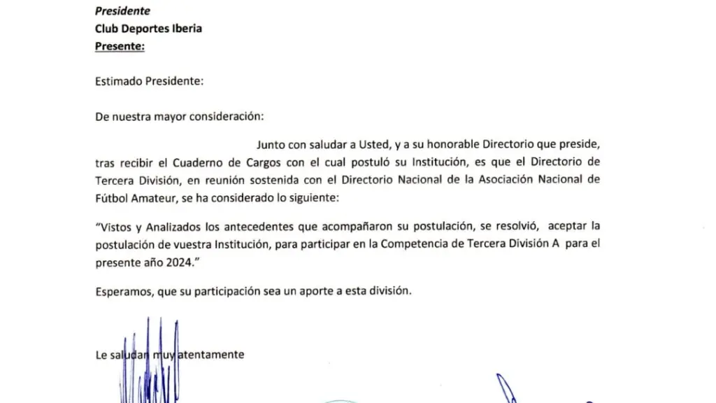 Documento de la aceptación del club a la Tercera División, La Tribuna