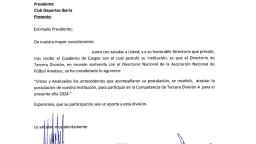 ANFA aceptó la postulación de Deportes Iberia para jugar en la Tercera División