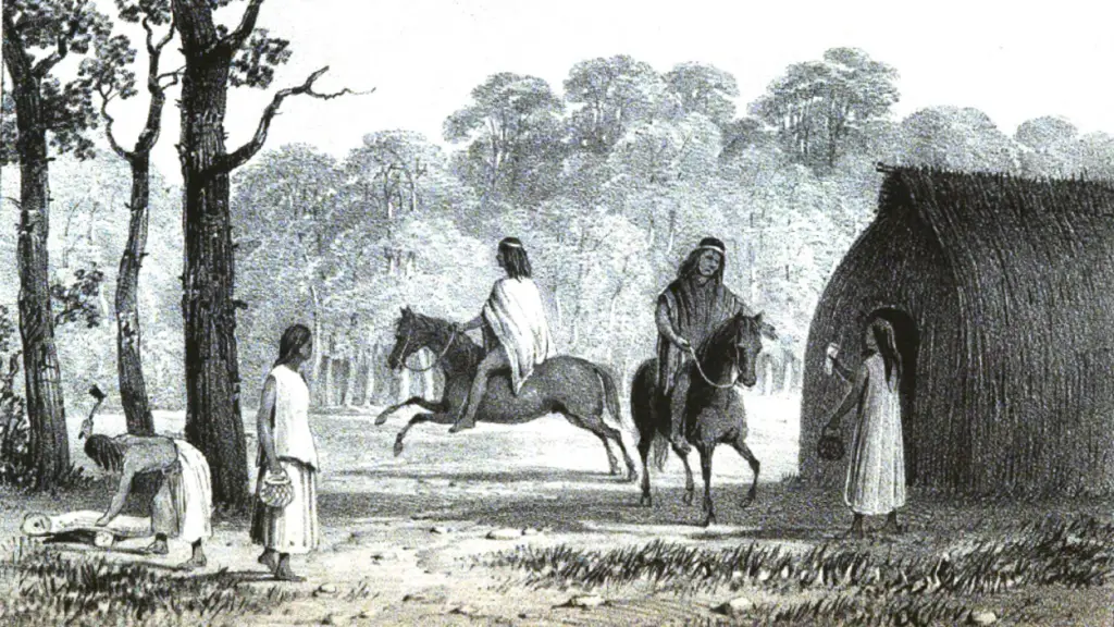 Una ilustración de los mapuches hacia 1830 en la zona de Los Ángeles., Facsímil del libro de ciudadano británico.