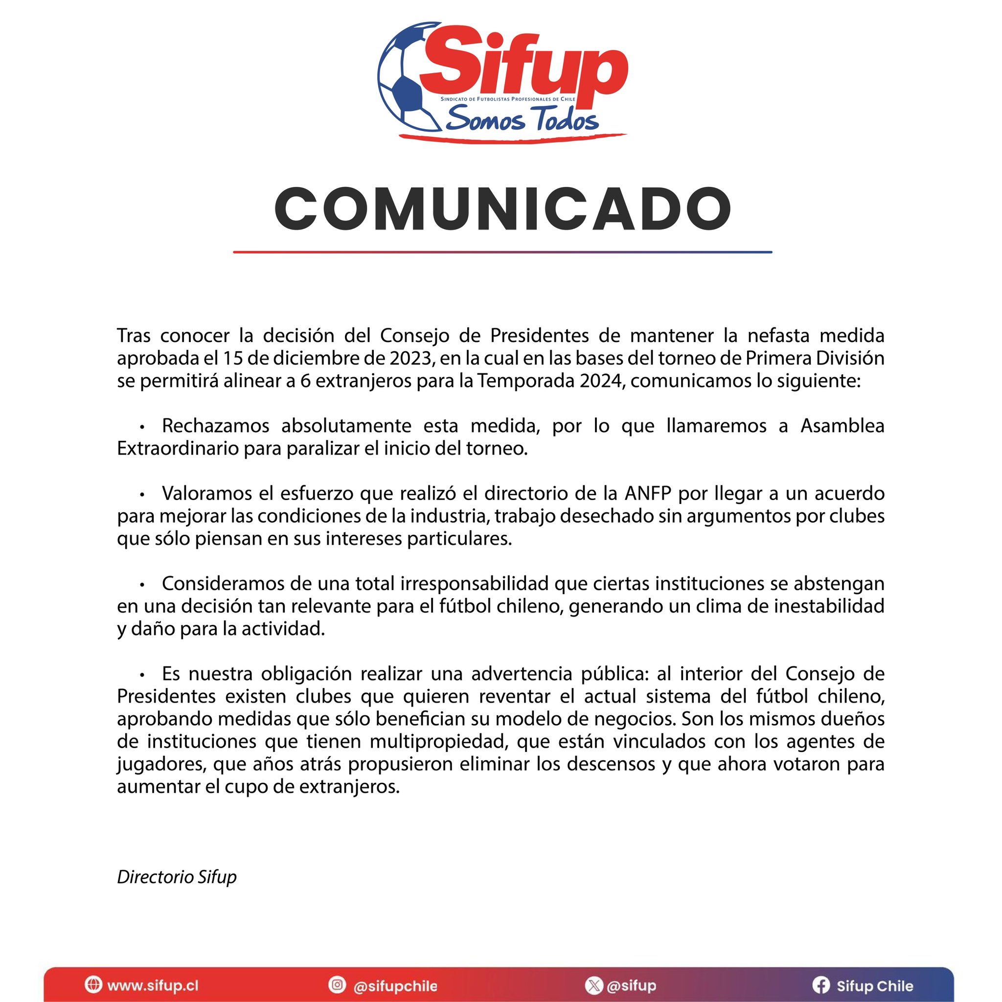 SIFUP llamará a paro en el fútbol chileno por la mantención de seis extranjeros en cancha / SIFUP