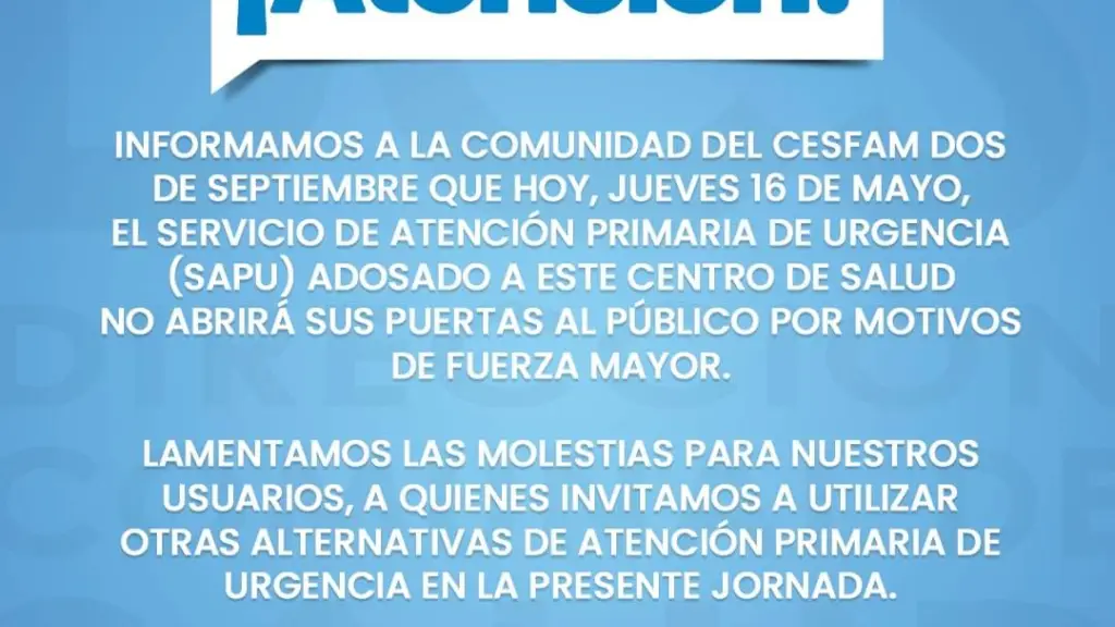 SAPU del CESFAM Dos de Septiembre mantendrá sus puertas cerradas durante la jornada de este jueves, DCS