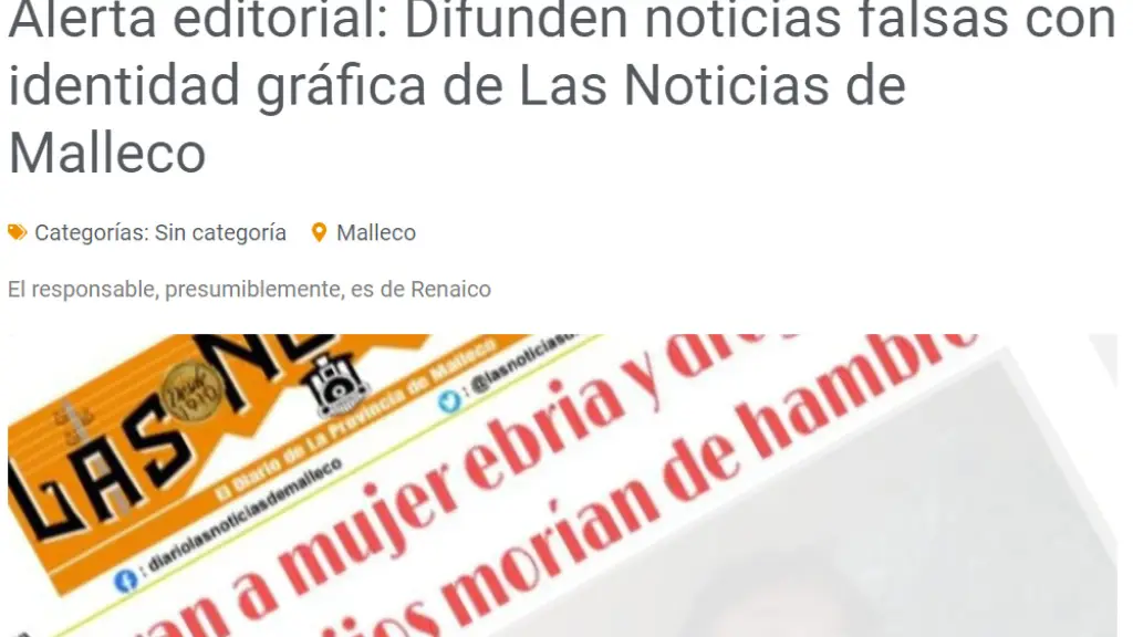 El propio diario Las Noticias de Malleco denunció la portada falsa elaborada por desconocidos., Captura de pantalla