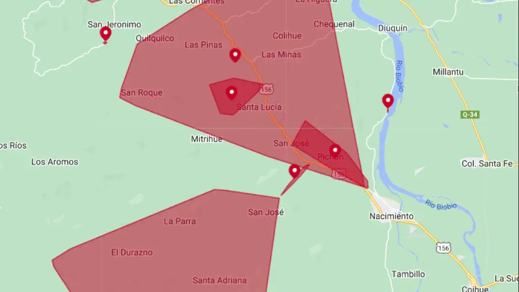 Áreas afectadas por los cortes de energía eléctrica en la zona de Nacimiento., Captura de pantalla del mapa de la empresa Frontel.