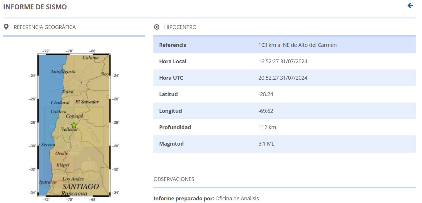 Informe Centro Sismológico de Chile / CSC