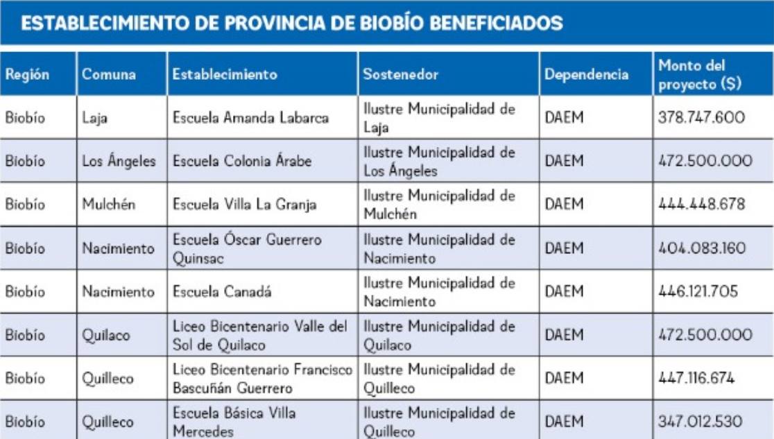 Establecimientos provincia de Biobío beneficiados / Fuente: Seremi Educación