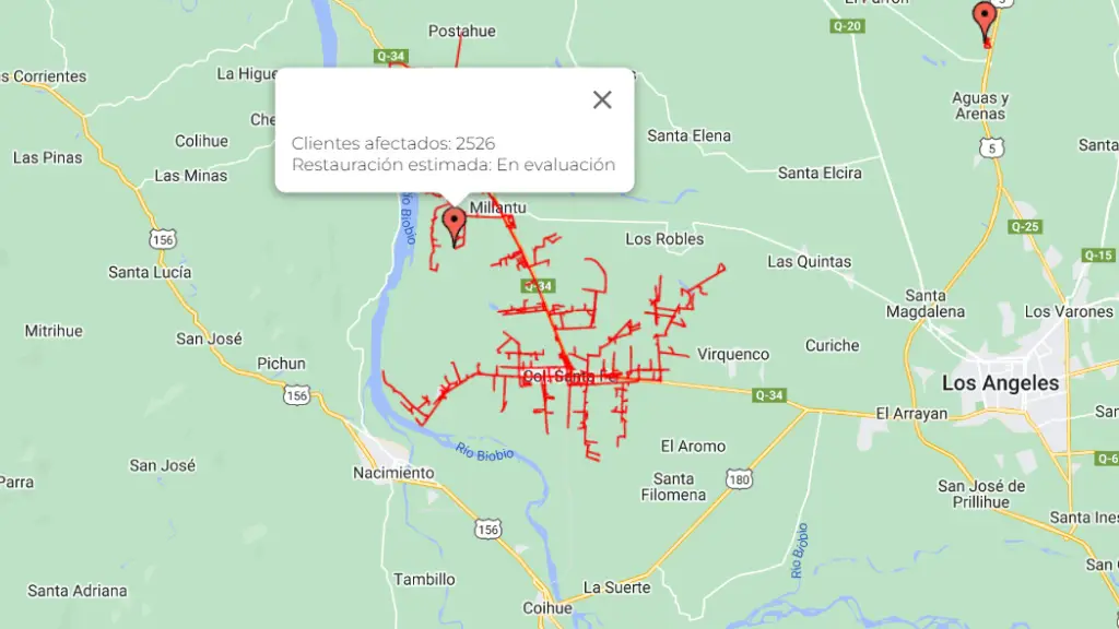 El mapa muestra los sectores de Santa Fe y Millantú, sin energía eléctrica a las 9,30 horas de este jueves 1 de agosto., Captura de pantalla
