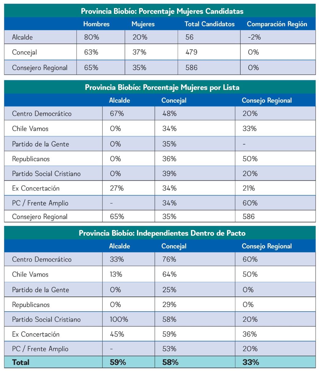 Tablas escenario candidaturas P. Biobío / Datos cedidos por Miguel Ángel Fernández