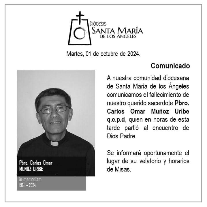 Comunicado por muerte de P. Carlos Omar Muñoz / Diócesis de Santa María de Los Ángeles