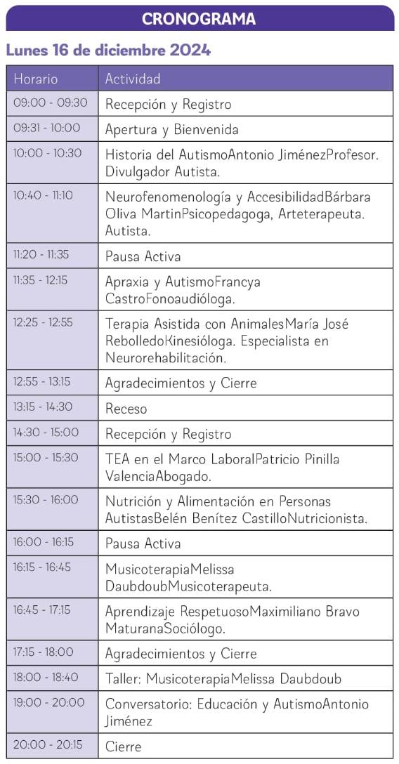 Cronograma actividades Congreso de Autismo 16 de diciembre / La Tribuna