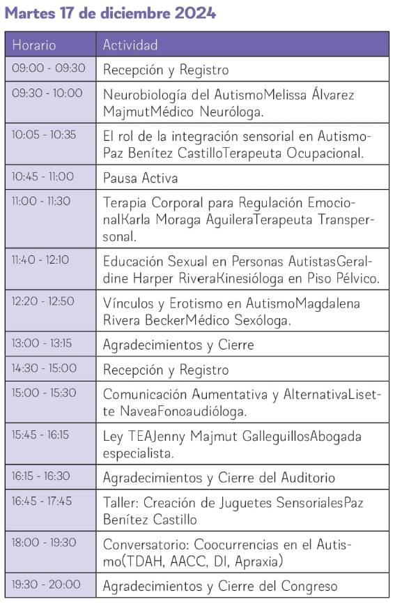 Cronograma de actividades Congreso de autismo 17 de diciembre / La Tribuna