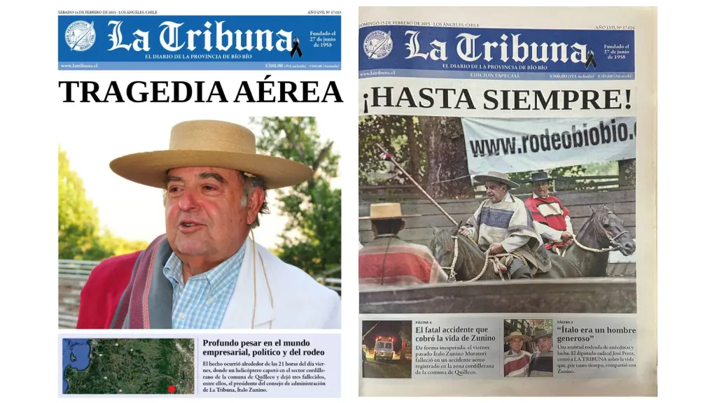 Portadas de Diario La Tribuna, de los días 14  y 15 de febrero de 2015, dan cuenta de tragedia aérea y la masiva despedida de la comunidad de la provincia, La Tribuna