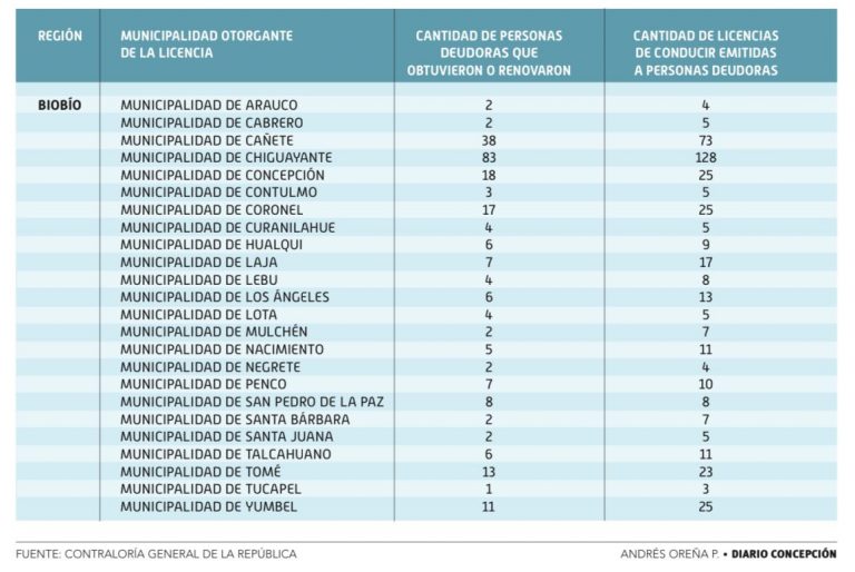 Comunas de la región del Biobío que entregaron licencias de conducir a deudores de alimentos / CGR