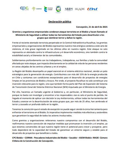 Comunicado de los Gremios del Biobío / Diario La Tribuna