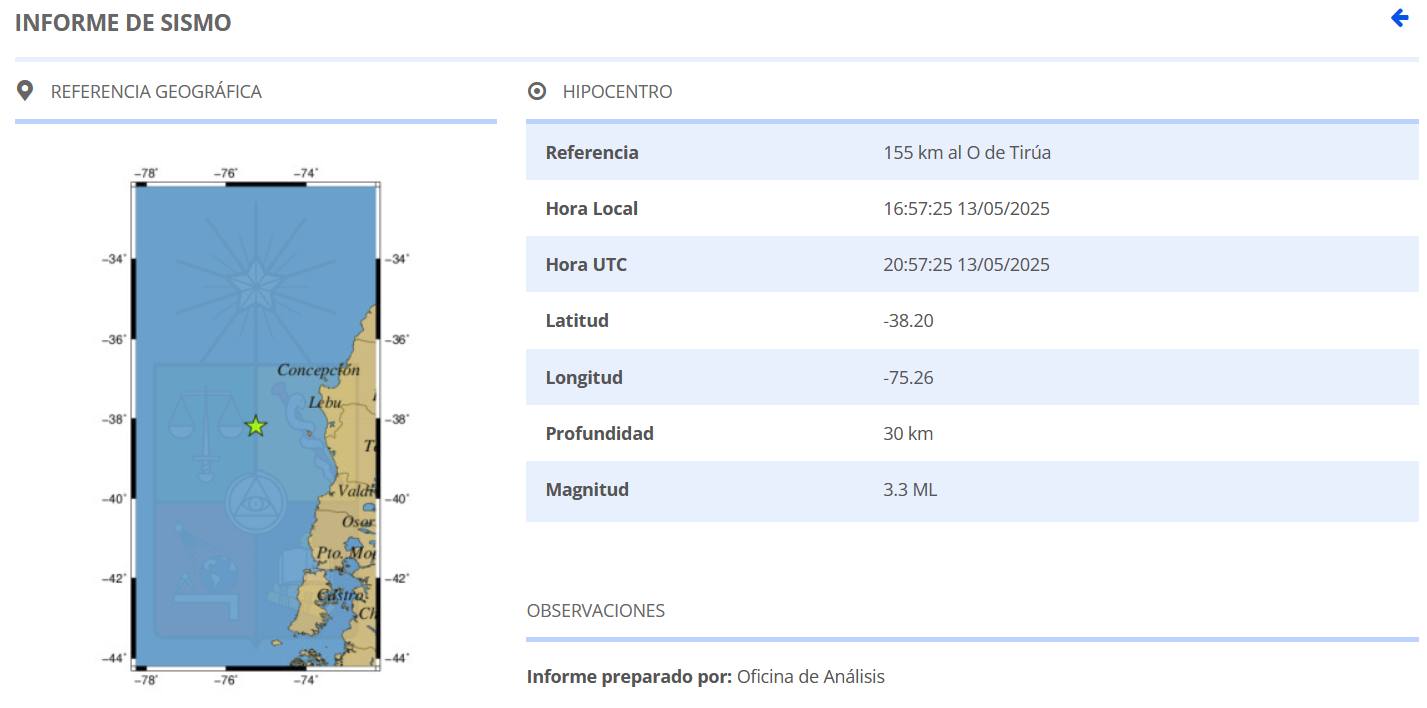 Sismo se registró en la región del Biobío. / Centro Sismológico Nacional