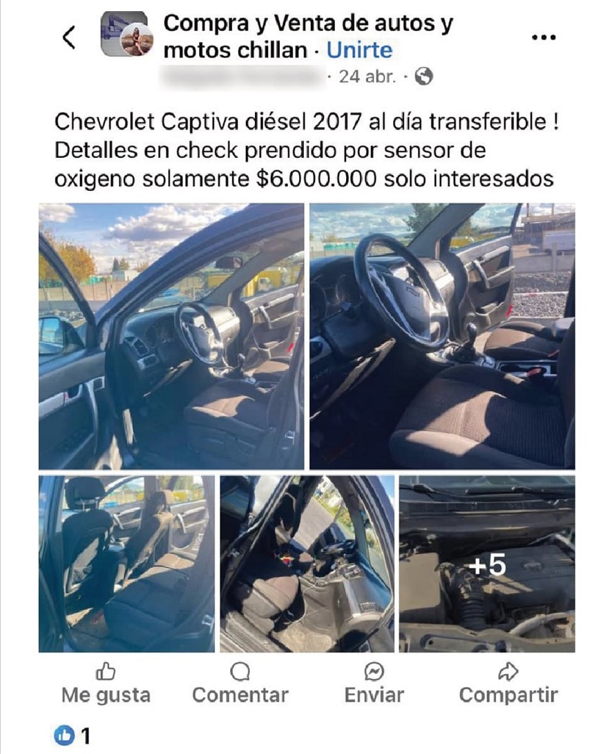 El vehículo, que previamente había sido sustraído a otra familia en Rancagua, fue publicado en la red social Facebook. / Cedida