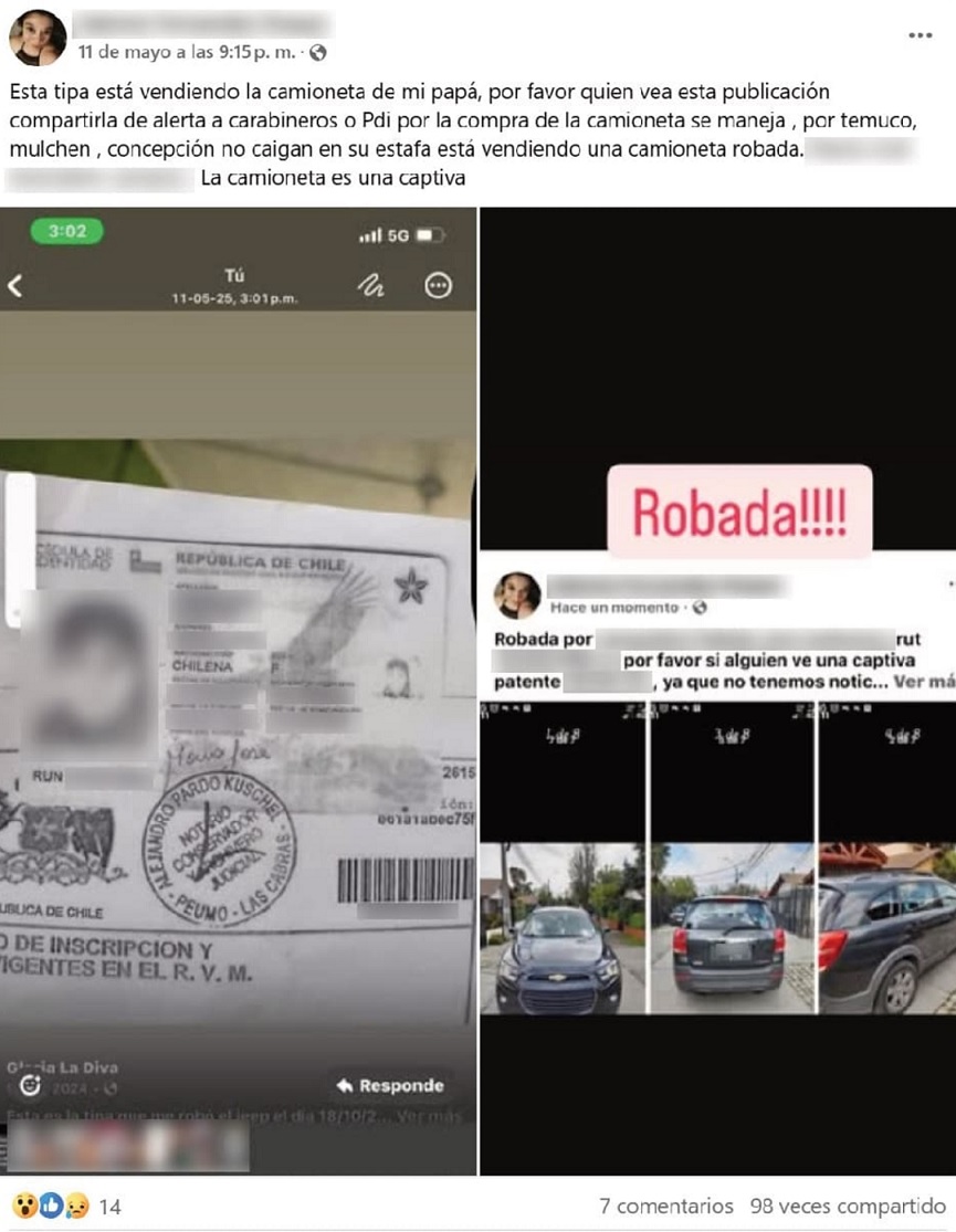 Salomé Rodríguez denunció el robo de la camioneta de su padre en Facebook; sin embargo, a esa fecha la familia mulchenina ya la había adquirido / Cedida