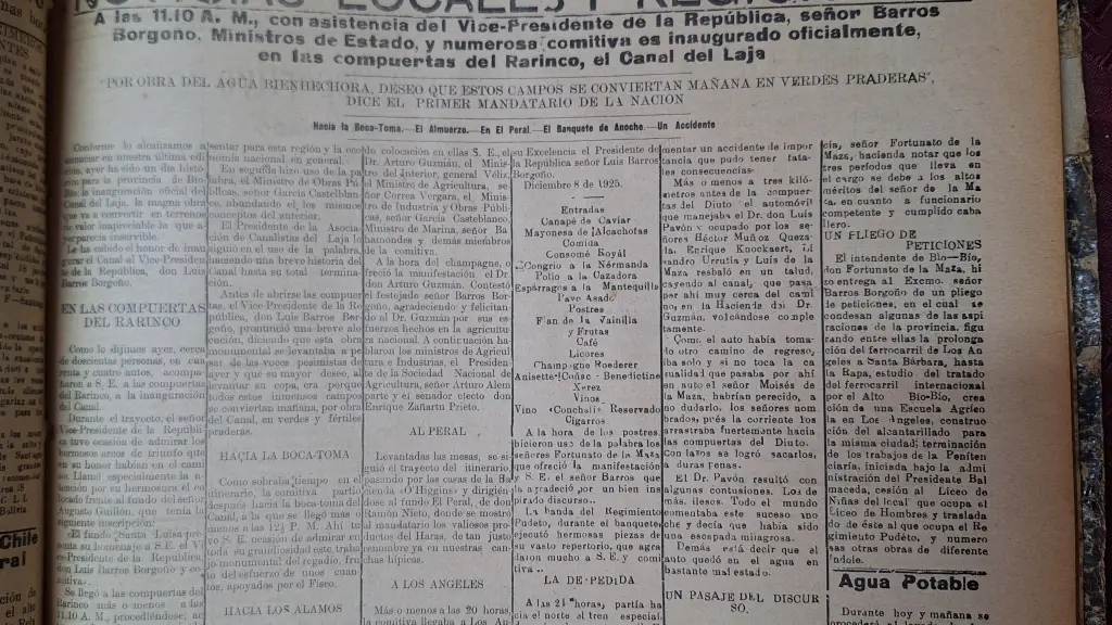 El diario El Siglo entregó una detallada descripción de la ceremonia de puesta en marcha del canal del Laja. / archivo