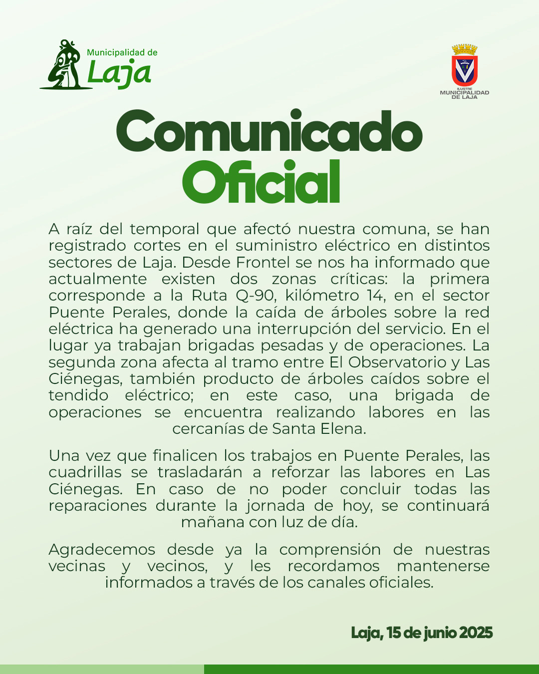Municipalidades informan situación comunal: realizan trabajos en terreno tras paso de sistema frontal  / Muni Laja