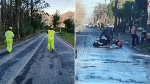 Precaución por calles escarchadas en Los Ángeles: motociclista cayó por hielo en la calzada