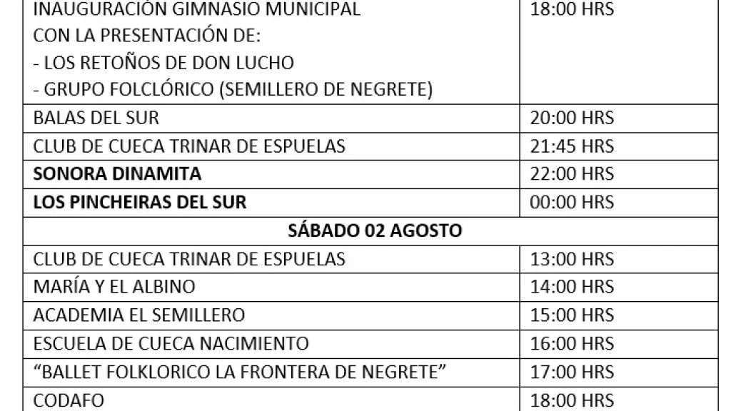 PARRILLA DE ARTISTAS, FECHAS Y HORARIOS / Municipalidad de Negrete