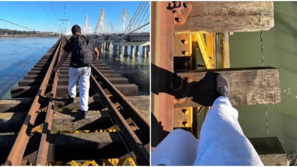 Influencer caminando en antiguo Puente Ferroviario, Internet