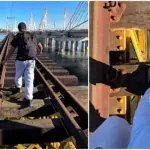 Influencer caminando en antiguo Puente Ferroviario, Internet