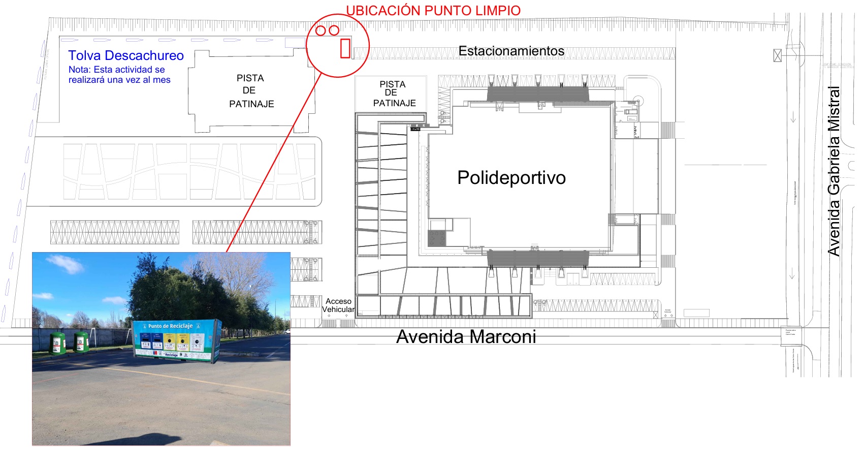 Mapa del Polideportivo de Los Ángeles con la nueva ubicación del punto limpio. / Cedida