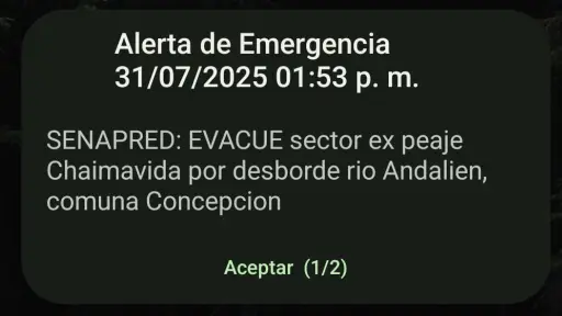 SENAPRED emite alerta SAE por desborde de río Andalién: Solicitan a evacuar dos sectores de Concepción