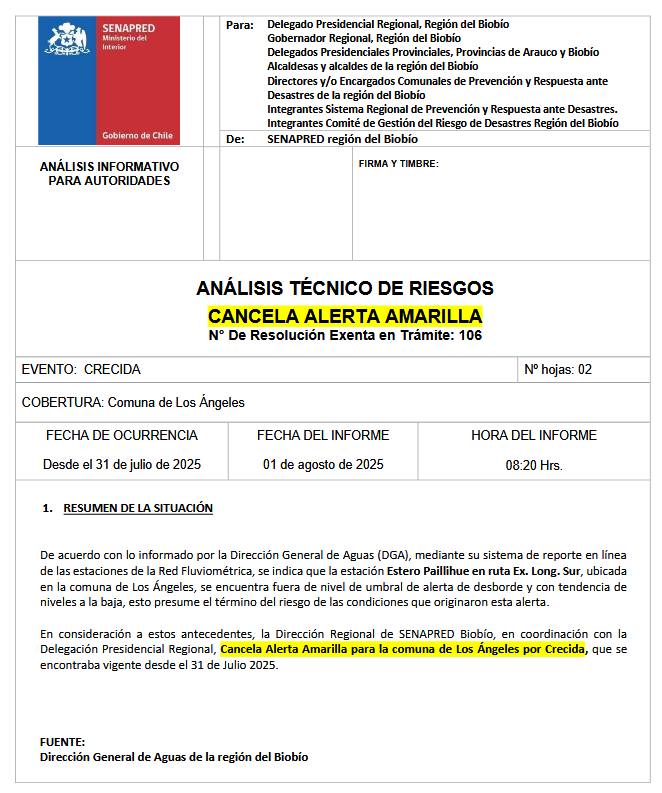 Cancelan Alerta Amarilla / Senapred