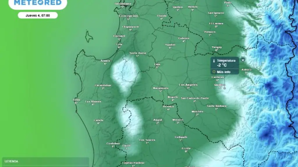 Temperatura mínima (°C) para el jueves 04 de septiembre 2025 en la Región de Biobío., Meteored