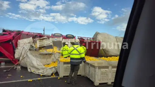 AHORA: Camión de carga pierde el control y vuelca en la Ruta 5 Sur