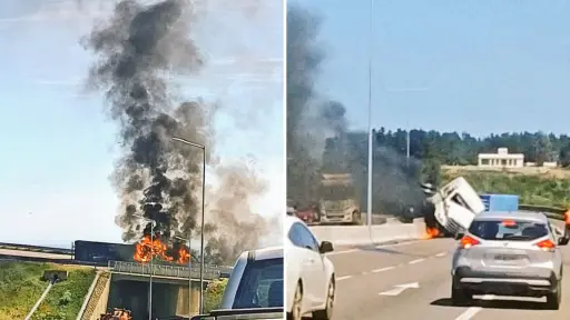 Camión volcó y se incendió en plena autopista de San Antonio 