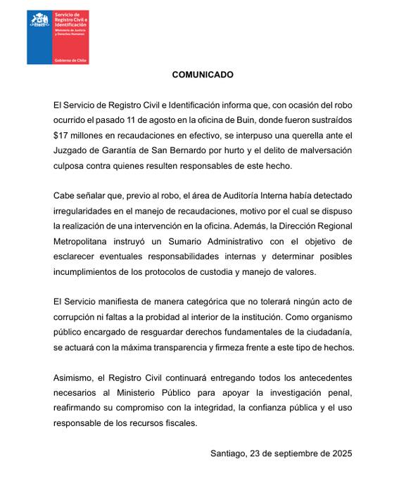 Comunicado del Registro Civil de Buin / Registro Civil de Buin