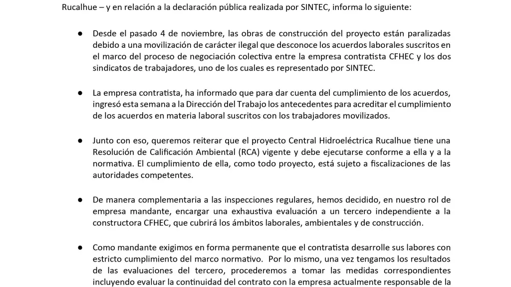 Declaración pública Rucalhue. / Rucalhue Energía SpA