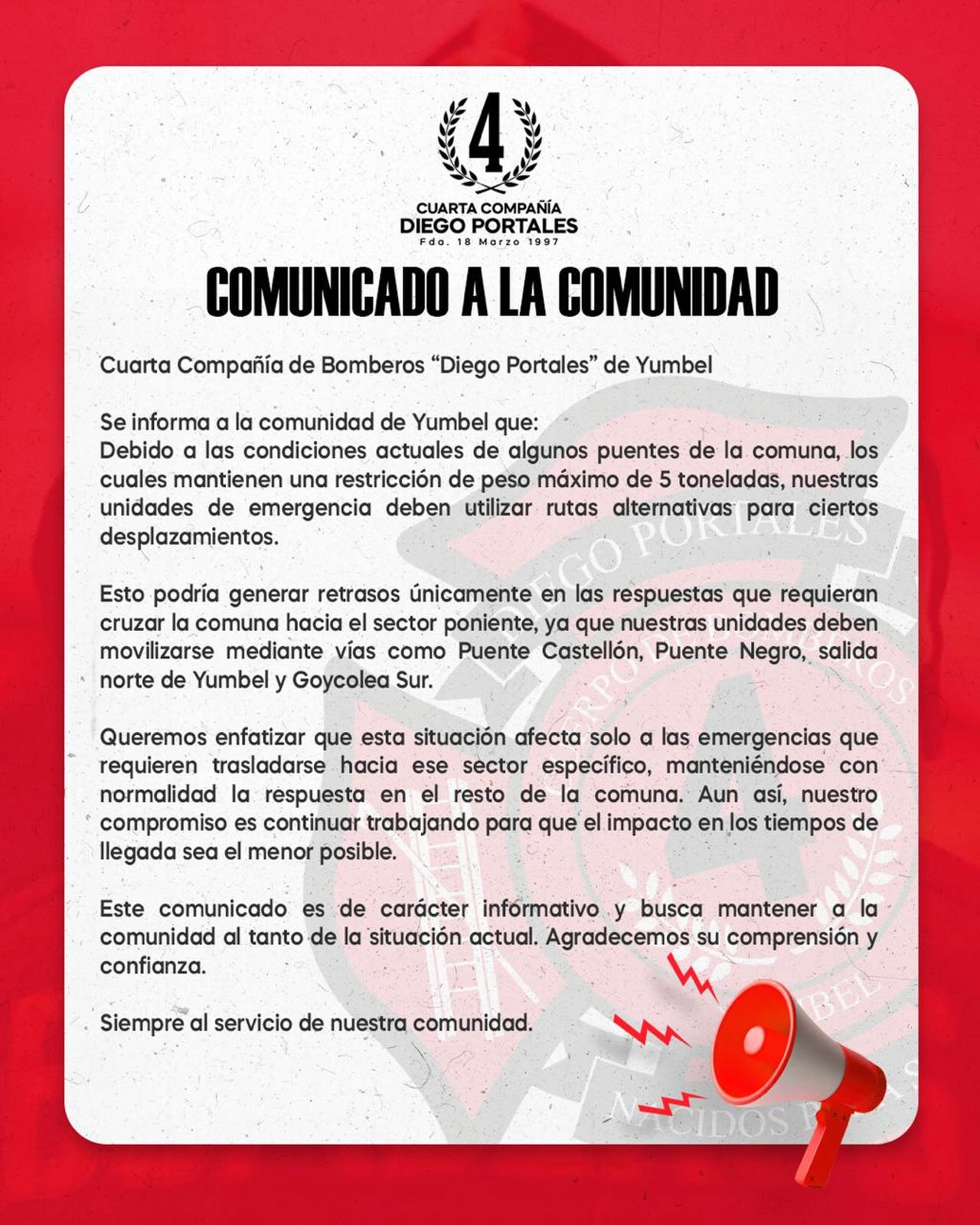 Comunicado  / Cuarta Compañía de Bomberos Diego Portales de Yumbel 