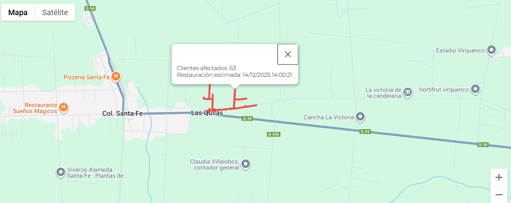 Mapa de afectación ruta Q-34 / Coopelan