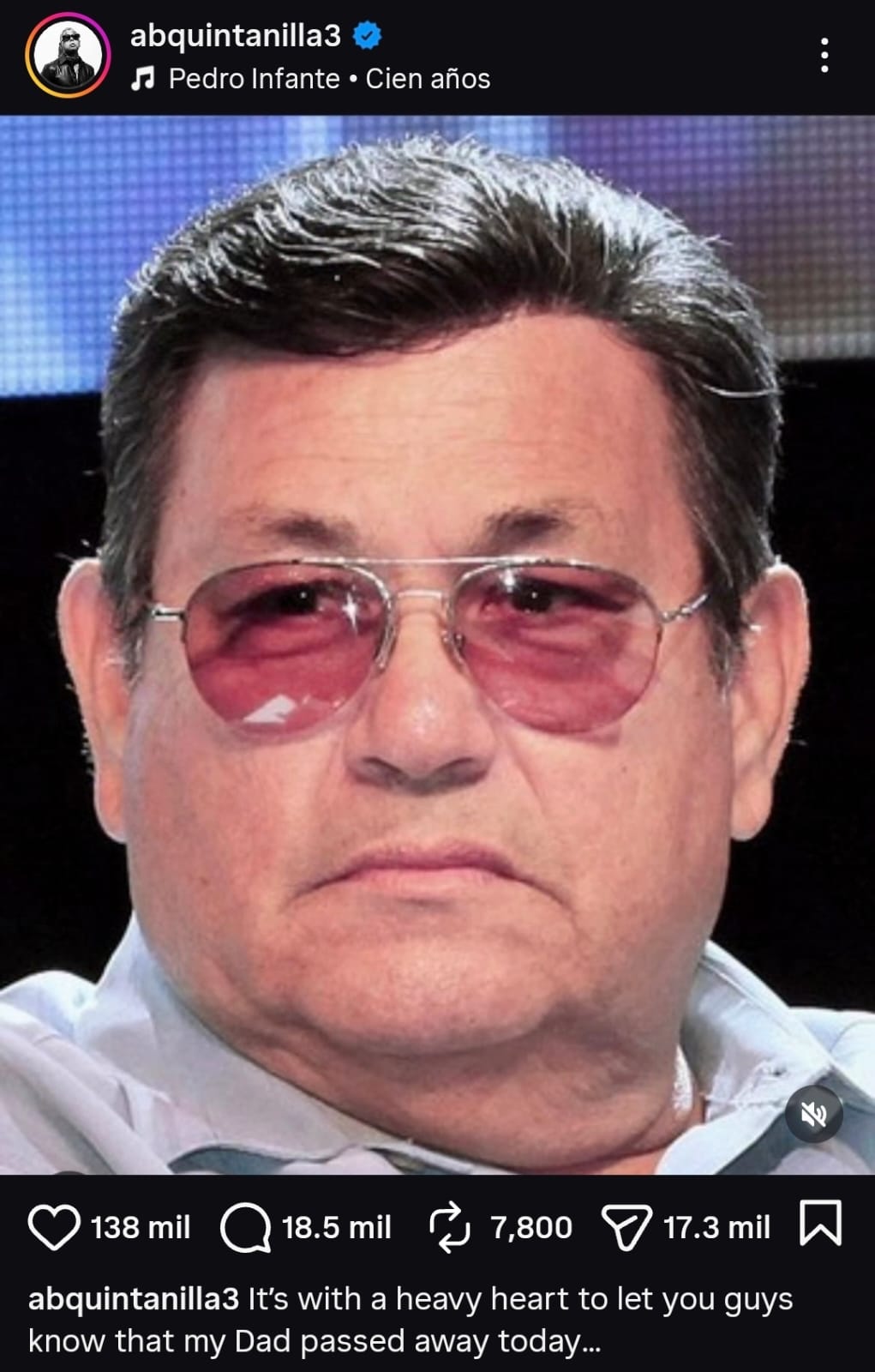 Post de Instagram del hijo del productor confirmando su fallecimiento / AB Quintanilla