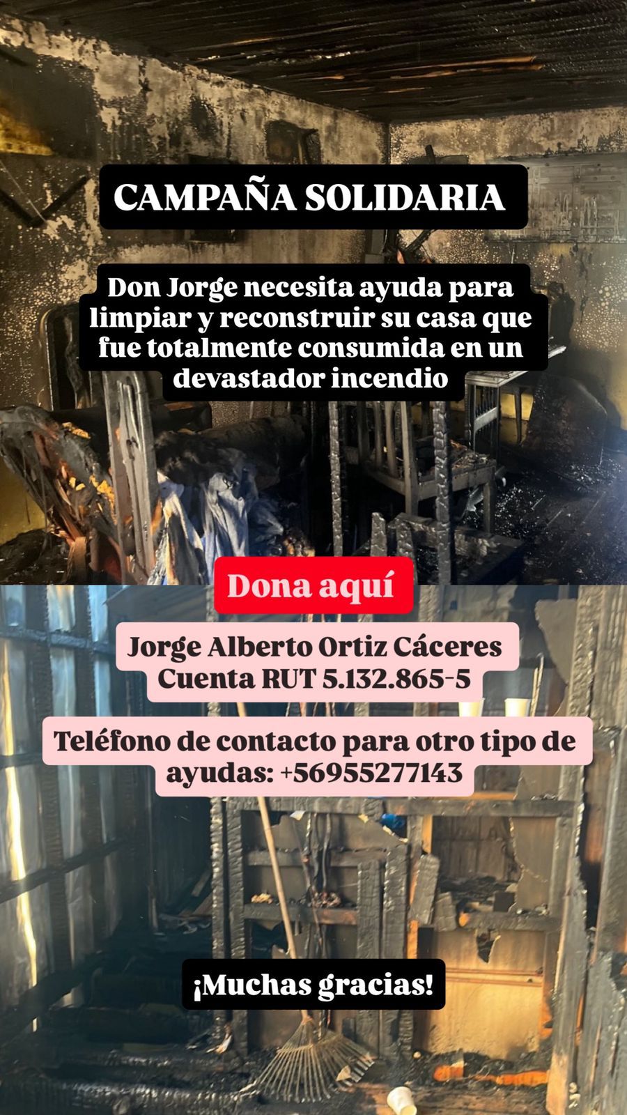 A través de redes sociales, la familia difundió la campaña que busca reunir apoyo para don Jorge tras perder su vivienda. / Cedida