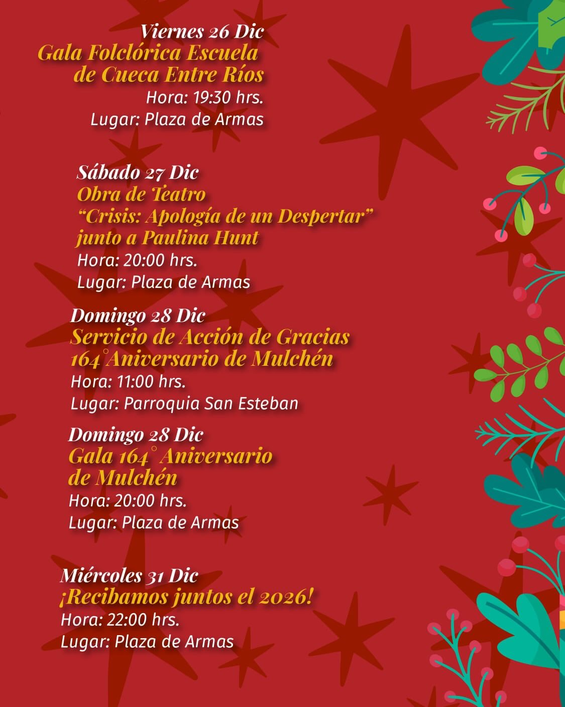 Actividades Aniversario Mulchén 2025 / Municipalidad de Mulchén