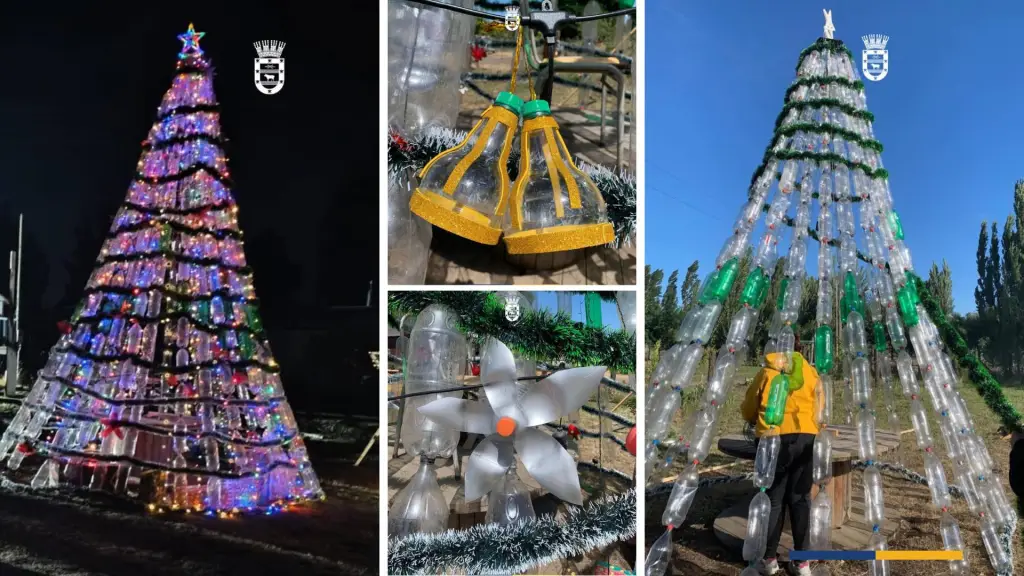 comunidad de Tres Esquinas construye árbol de Navidad reutilizando 350 botellas plásticas