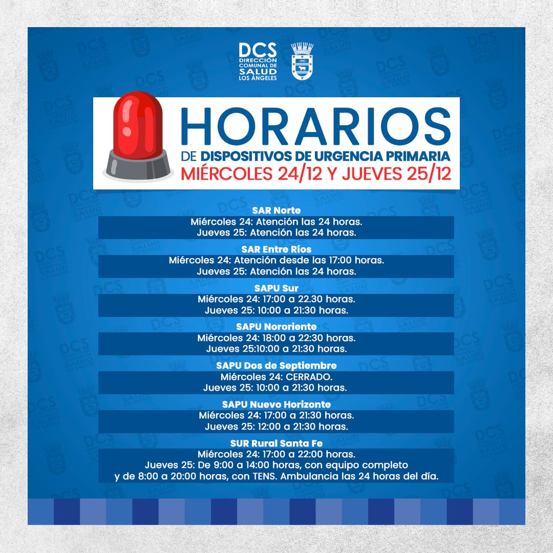 Horarios de los dispositivos de urgencia primaria miércoles 24 y jueves 25 en Los Ángeles / DCS