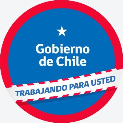 El emblema circular presenta borde rojo y fondo azul, con una estrella blanca y la inscripción Gobierno de Chile junto a la consigna Trabajando para usted. / Gobierno de Chile